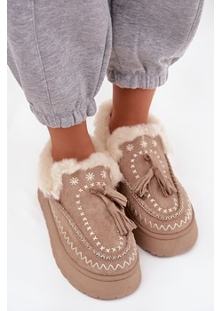 Damskie Śniegowce Na Platformie Z Futerkiem I Frędzlami Beżowe Ferayne ze sklepu ZAZOO w kategorii Śniegowce damskie - zdjęcie 187342542