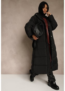 Czarna Długa Kurtka Zimowa z Pikowanymi Przeszyciami Kapturem i Suwakami Mevanesa ze sklepu renee.pl w kategorii Kurtki damskie - zdjęcie 187347894