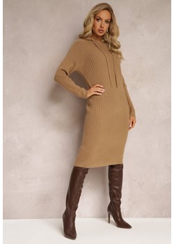 Ciemnobeżowa Wełniana Sukienka w Prążki z Kapturem Opiuda ze sklepu renee.pl w kategorii Sukienki - zdjęcie 187349290