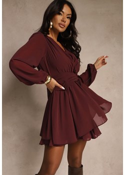 Bordowa Siateczkowa Sukienka o Rozkloszowanym Kroju z Dekoltem w Serek Zennela ze sklepu renee.pl w kategorii Sukienki - zdjęcie 187349314