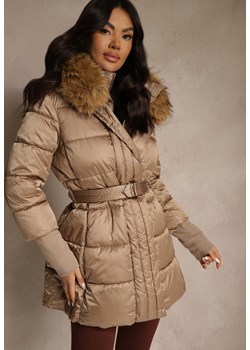 Ciemnobeżowa Pikowana Kurtka z Paskiem i Kapturem z Futerkiem Lilittia ze sklepu renee.pl w kategorii Kurtki damskie - zdjęcie 187363080