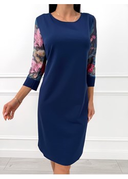 Granatowa Klasyczna Sukienka z Ozdobnym Rękawem ze sklepu ModnaKiecka.pl w kategorii Sukienki - zdjęcie 187365732