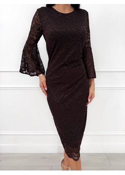Czekoladowa Koronkowa Sukienka Midi z Rozszerzanym Rękawem ze sklepu ModnaKiecka.pl w kategorii Sukienki - zdjęcie 187365763