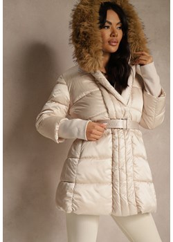 Beżowa Pikowana Kurtka z Paskiem i Kapturem z Futerkiem Lilittia ze sklepu renee.pl w kategorii Kurtki damskie - zdjęcie 187366074