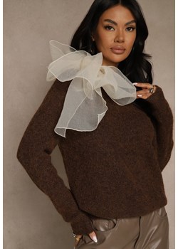 Brązowy Sweter z Dodatkiem Wełny Ozdobiony przy Szyi Wiązaniem Tusmele ze sklepu renee.pl w kategorii Swetry damskie - zdjęcie 187368312