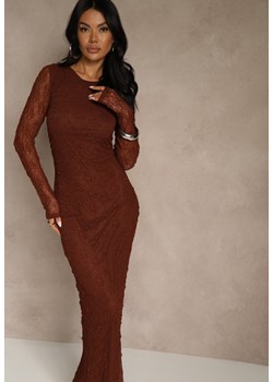 Brązowa Koronkowa Sukienka Typu Longsleeve o Dopasowanym Kroju Zenoresa ze sklepu renee.pl w kategorii Sukienki - zdjęcie 187368362