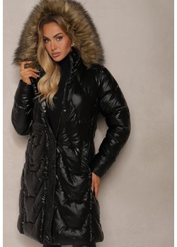 Czarno-Brązowa Pikowana Kurtka o Długim Kroju z Kapturem i Odpinanym Futrem Mocno Ocieplana Lillanea ze sklepu renee.pl w kategorii Kurtki damskie - zdjęcie 187369234