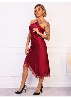 SUKIENKA  SATYNOWA Z KORONKĄ I DEKOLTEM HALTER- BORDOWA ze sklepu olika.com.pl w kategorii Sukienki - zdjęcie 187374374