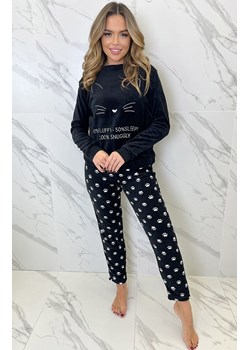 Ciepła piżama damska polarowa z kotkiem czarna FULVIA, Kolor czarny-wzór, Rozmiar L, Sorbetto ze sklepu Primodo w kategorii Piżamy damskie - zdjęcie 187376870