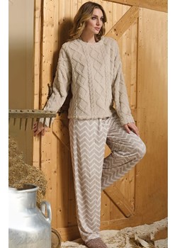 Ciepła piżama damska z pluszową bluzą beżowa SOFIE, Kolor beżowy-wzór, Rozmiar L, Sorbetto ze sklepu Intymna w kategorii Piżamy damskie - zdjęcie 187377942