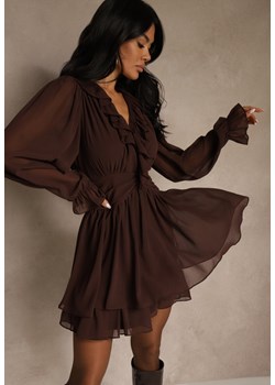 Ciemnobrązowa Siateczkowa Sukienka o Rozkloszowanym Fasonie z Falbankami Zenniria ze sklepu renee.pl w kategorii Sukienki - zdjęcie 187381554