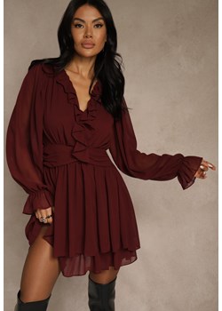 Bordowa Siateczkowa Sukienka o Rozkloszowanym Fasonie z Falbankami Zenniria ze sklepu renee.pl w kategorii Sukienki - zdjęcie 187381561