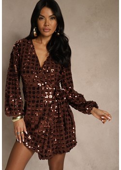Brązowa Sukienka o Kopertowym Kroju z Wiązaniem i Cekinami Wedessa ze sklepu renee.pl w kategorii Sukienki - zdjęcie 187381571