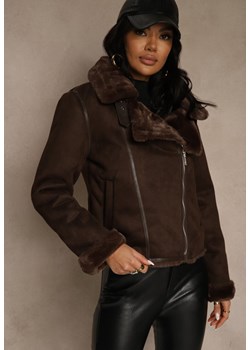 Brązowa Kurtka Biker z Imitacji Zamszu Zdobiona Futerkiem Awedora ze sklepu renee.pl w kategorii Futra damskie - zdjęcie 187381581
