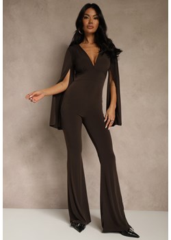 Brązowy Dopasowany Kombinezon z Rozkloszowanymi Rękawami i Głębokim Dekoltem Andrika ze sklepu renee.pl w kategorii Kombinezony damskie - zdjęcie 187381624