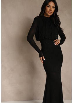 Czarna Cyrkoniowa Sukienka Longsleeve o Taliowanym Kroju z Bufiastą Górą Iwedesa ze sklepu renee.pl w kategorii Sukienki - zdjęcie 187381631