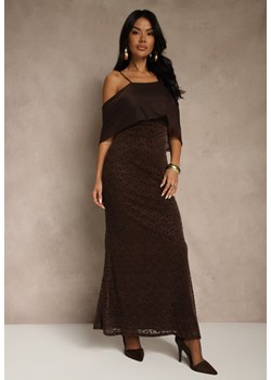 Brązowa Sukienka o Asymetrycznym Kroju Ozdobiona Falbaną Owedia ze sklepu renee.pl w kategorii Sukienki - zdjęcie 187381641