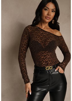 Brązowa Bluzka Longsleeve z Koronki z Asymetrycznym Dekoltem Liwedisa ze sklepu renee.pl w kategorii Bluzki damskie - zdjęcie 187381651