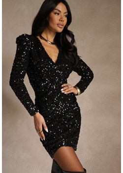 Czarna Dopasowana Sukienka z Dekoltem w Serek Zdobiona Cekinami Liweda ze sklepu renee.pl w kategorii Sukienki - zdjęcie 187382863
