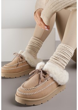 Ciemnobeżowe Śniegowce z Niską Cholewką Futerkiem i Ozdobnymi Przeszyciami Isaweda ze sklepu renee.pl w kategorii Śniegowce damskie - zdjęcie 187382914