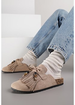 Ciemnobeżowe Boho Klapki Mule z Imitacji Zamszu z Frędzlami i Koralikami Elwedila ze sklepu renee.pl w kategorii Klapki damskie - zdjęcie 187384614