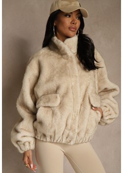 Beżowa Futrzana Kurtka Bomberka z Kieszeniami Tiwedela ze sklepu renee.pl w kategorii Futra damskie - zdjęcie 187385852