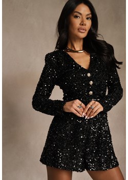 Czarny Kombinezon Longsleeve z Krótkimi Nogawkami Zdobiony Cekinami Uwedela ze sklepu renee.pl w kategorii Kombinezony damskie - zdjęcie 187385862