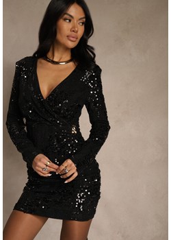 Czarna Cekinowa Sukienka Longsleeve o Dopasowanym Kroju z Dekoltem V Loweda ze sklepu renee.pl w kategorii Sukienki - zdjęcie 187385872