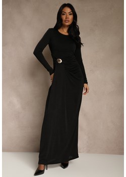 Czarna Marszczona Sukienka Longsleeve Zdobiona Aplikacją w Talii Siweda ze sklepu renee.pl w kategorii Sukienki - zdjęcie 187385892