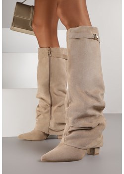 Ciemnobeżowe Kozaki na Słupku z Marszczoną Cholewką Imitującą Nogawkę Rittia ze sklepu born2be.pl w kategorii Kozaki damskie - zdjęcie 187386452