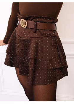 SPÓDNICZKA Z UKRYTYMI SZORTAMI ZDOBIONA CYRKONIAMI+ PASEK- CZEKOLADOWA ze sklepu olika.com.pl w kategorii Spódnice - zdjęcie 187389742