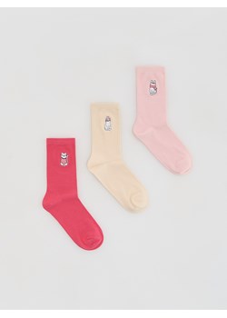 Reserved - Długie skarpetki z haftem 3 pack - różowy ze sklepu Reserved w kategorii Skarpetki damskie - zdjęcie 187395443