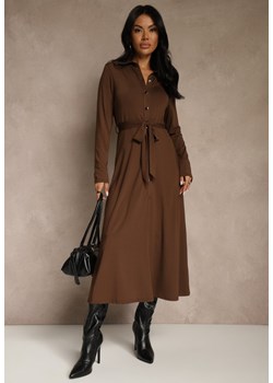 Brązowa Długa Sukienka Koszulowa z Wiązaniem w Talii Levae ze sklepu renee.pl w kategorii Sukienki - zdjęcie 187470910