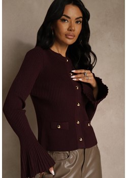 Bordowy Elegancki Prążkowany Kardigan z Wiskozą Guzikami i Rozszerzanymi Rękawami Otila ze sklepu renee.pl w kategorii Swetry damskie - zdjęcie 187473224