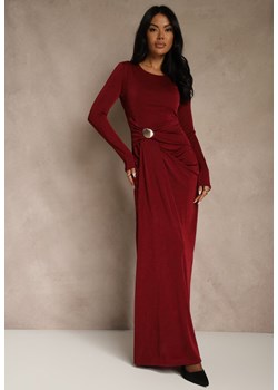 Bordowa Marszczona Sukienka Koktajlowa Zdobiona Aplikacją w Talii Siweda ze sklepu renee.pl w kategorii Sukienki - zdjęcie 187473244