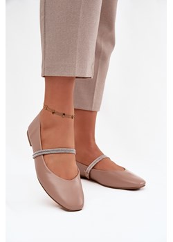 Eko Skórzane Baleriny Z Błyszczącymi Paseczkami Ciemnobeżowe Ilirene ze sklepu ZAZOO w kategorii Balerinki - zdjęcie 187479484