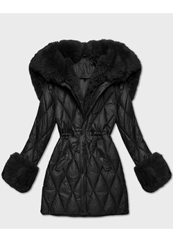 Kurtka z futrzanym kapturem tworzącym kołnierz czarna (T3-2635#-1) ze sklepu goodlookin.pl w kategorii Kurtki damskie - zdjęcie 187483613