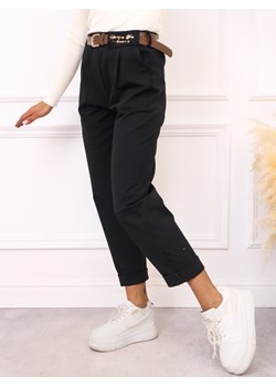 SPODNIE MATERIAŁOWE Z NASZYWKĄ+ PASEK- CZARNE ze sklepu olika.com.pl w kategorii Spodnie damskie - zdjęcie 187485092