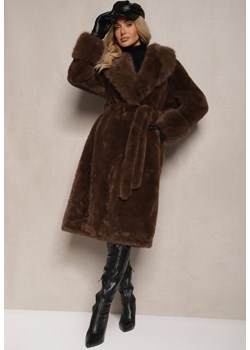 Brązowy Futrzany Płaszcz z Wiązanym Paskiem Ozdobnym Kołnierzem i Mankietami Viaressa ze sklepu renee.pl w kategorii Futra damskie - zdjęcie 187486012