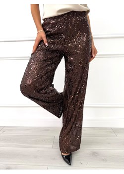 Czekoladowe Cekinowe Spodnie z Szerokimi Nogawkami ze sklepu ModnaKiecka.pl w kategorii Spodnie damskie - zdjęcie 187501030