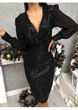 Czarna Cekinowa Sukienka z Kopertowym Dekoltem ze sklepu ModnaKiecka.pl w kategorii Sukienki - zdjęcie 187501221