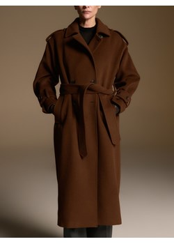 Reserved - Wełniany płaszcz z szalem - brązowy ze sklepu Reserved w kategorii Płaszcze damskie - zdjęcie 187501412