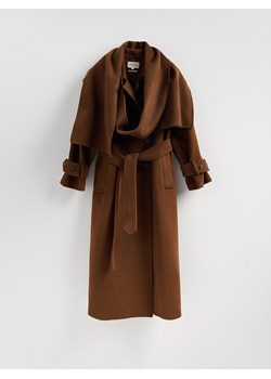 Reserved - Wełniany płaszcz z szalem - brązowy ze sklepu Reserved w kategorii Płaszcze damskie - zdjęcie 187502532