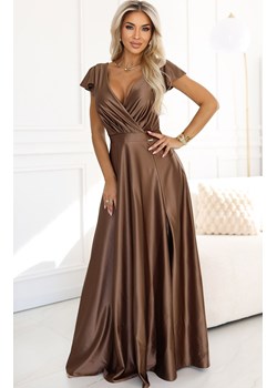 Satynowa długa suknia z dekoltem mokka 411-14 CRYSTAL, Kolor mokka, Rozmiar L, Numoco ze sklepu Primodo w kategorii Sukienki - zdjęcie 187504574