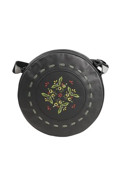 czarna okrągła damska  torebka skórzana z haftem  na ramię Hela Flo ze sklepu Słoń Torbalski w kategorii Listonoszki - zdjęcie 187506714