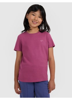 Dziewczęcy t-shirt bez nadruku 4F 4FJRAW25TTSHF3233 - fioletowy ze sklepu Sportstylestory.com w kategorii Bluzki dziewczęce - zdjęcie 187509164