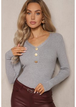 Szary Prążkowany Sweter z Bawełną i Guzikami Mirisia ze sklepu renee.pl w kategorii Swetry damskie - zdjęcie 187514513