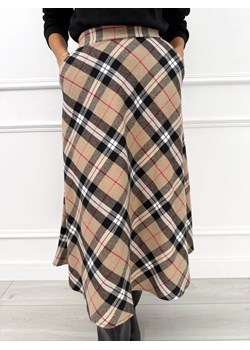 Beżowa Rozkloszowana Spódnica Midi w Kratę ze sklepu ModnaKiecka.pl w kategorii Spódnice - zdjęcie 187518040
