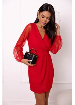 SUKIENKA MINI Z TIULOWYMI POŁYSKUJĄCYMI RĘKAWAMI- CZERWONA ze sklepu olika.com.pl w kategorii Sukienki - zdjęcie 187548960