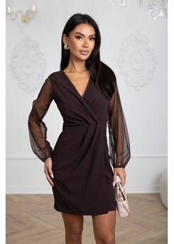 SUKIENKA MINI Z TIULOWYMI POŁYSKUJĄCYMI RĘKAWAMI- CZEKOLADOWA ze sklepu olika.com.pl w kategorii Sukienki - zdjęcie 187548981